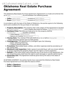 Valid Real Estate Purchase Agreement Document for the State of Oklahoma