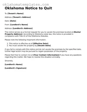 Valid Notice to Quit Document for the State of Oklahoma