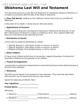 Valid Last Will and Testament Document for the State of Oklahoma