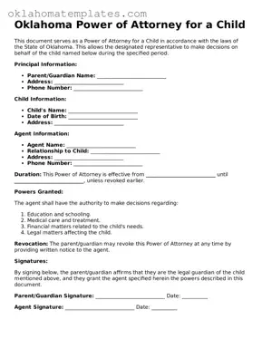 Valid Power of Attorney for a Child Document for the State of Oklahoma