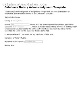 Valid Notary Acknowledgement Document for the State of Oklahoma